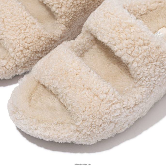Women SHUV Two-Bar Shearling Slides Fitflop 882F317 Ivory