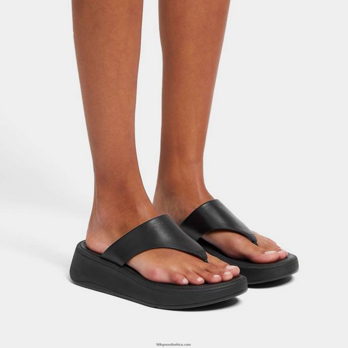 Women F-MODE Leather Flatform Toe-Post Sandals Fitflop 882F135 All Black