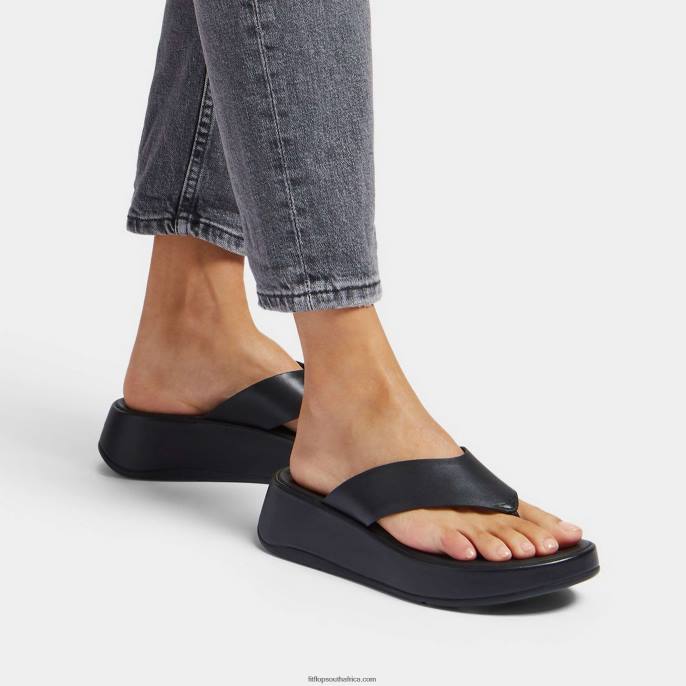 Women F-MODE Luxe Leather Flatform Toe-Post Sandals Fitflop 882F125 All Black