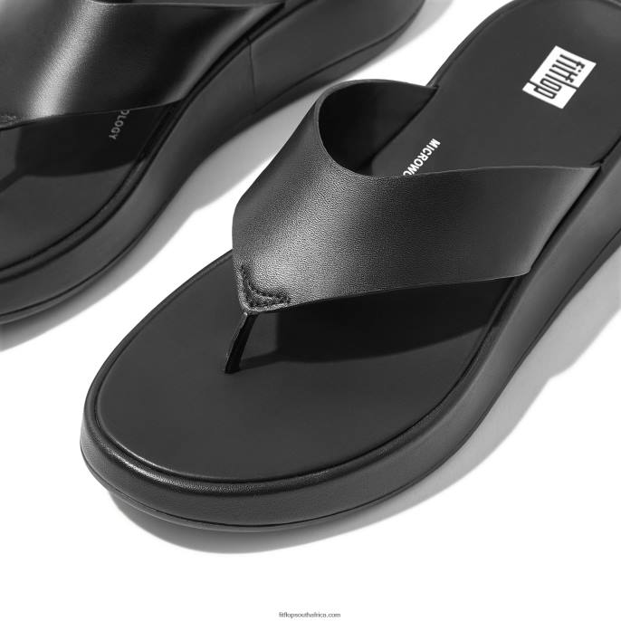 Women F-MODE Luxe Leather Flatform Toe-Post Sandals Fitflop 882F125 All Black
