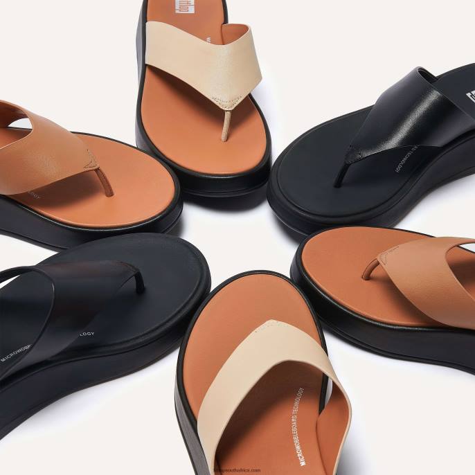 Women F-MODE Luxe Leather Flatform Toe-Post Sandals Fitflop 882F126 Latte Tan