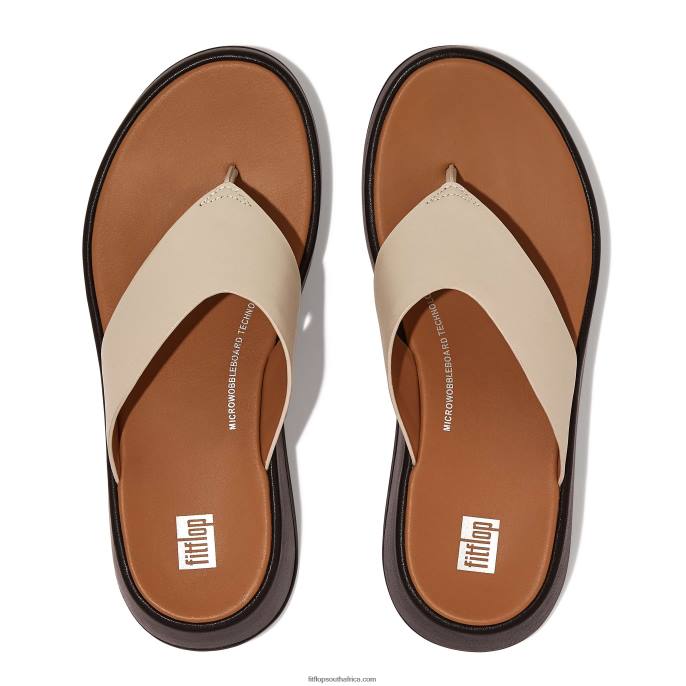 Women F-MODE Luxe Leather Flatform Toe-Post Sandals Fitflop 882F127 Beige/Black
