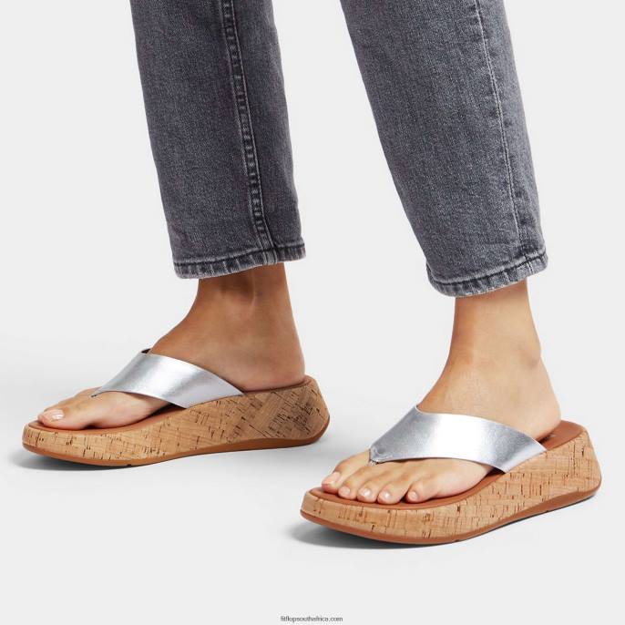 Women F-MODE Metallic Leather/Cork Flatform Toe-Post Sandals Fitflop 882F128 Silver