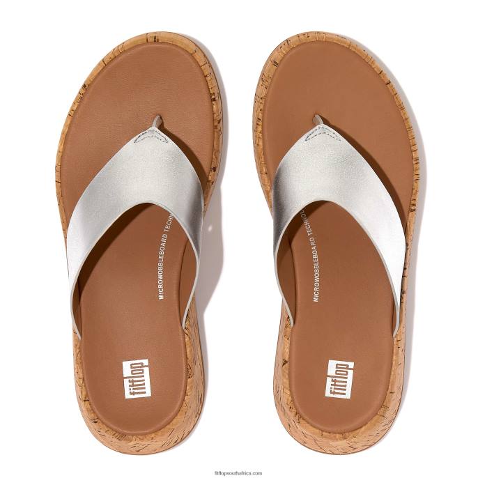 Women F-MODE Metallic Leather/Cork Flatform Toe-Post Sandals Fitflop 882F128 Silver