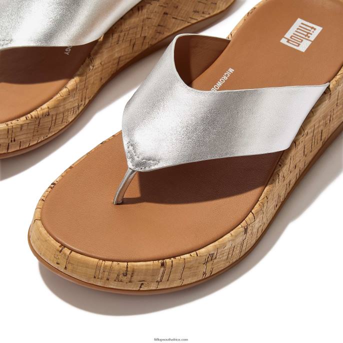 Women F-MODE Metallic Leather/Cork Flatform Toe-Post Sandals Fitflop 882F128 Silver