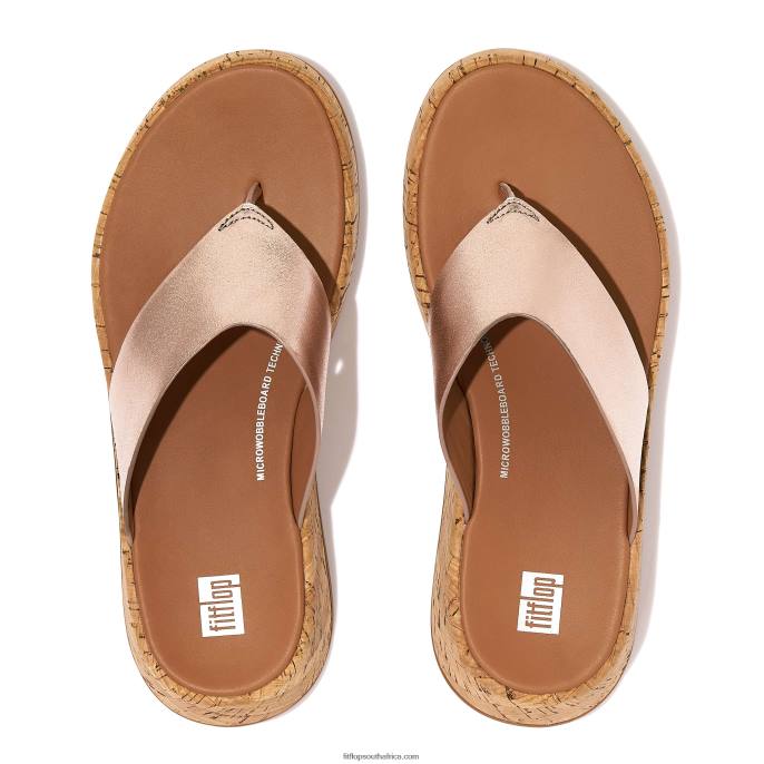 Women F-MODE Metallic Leather/Cork Flatform Toe-Post Sandals Fitflop 882F129 Rose Gold