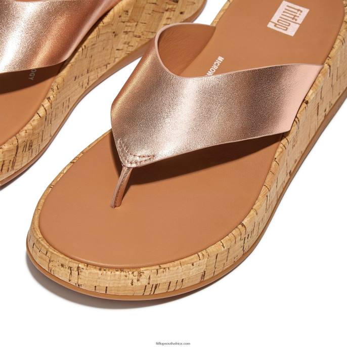 Women F-MODE Metallic Leather/Cork Flatform Toe-Post Sandals Fitflop 882F129 Rose Gold