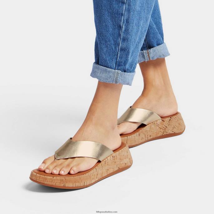 Women F-MODE Metallic Leather/Cork Flatform Toe-Post Sandals Fitflop 882F130 Platino