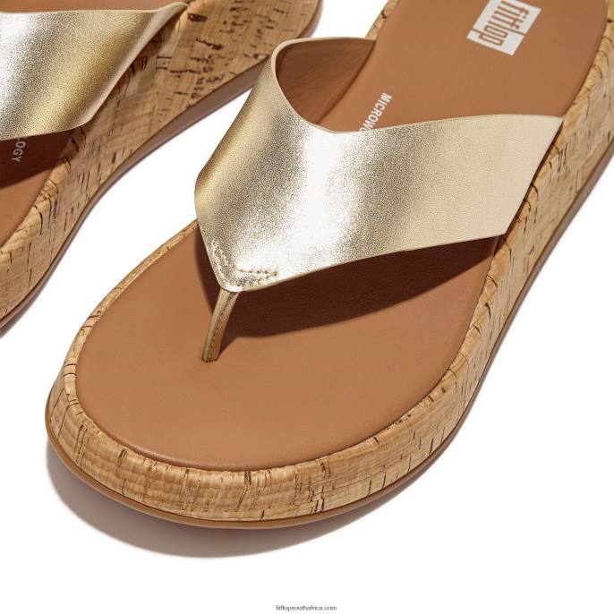 Women F-MODE Metallic Leather/Cork Flatform Toe-Post Sandals Fitflop 882F130 Platino