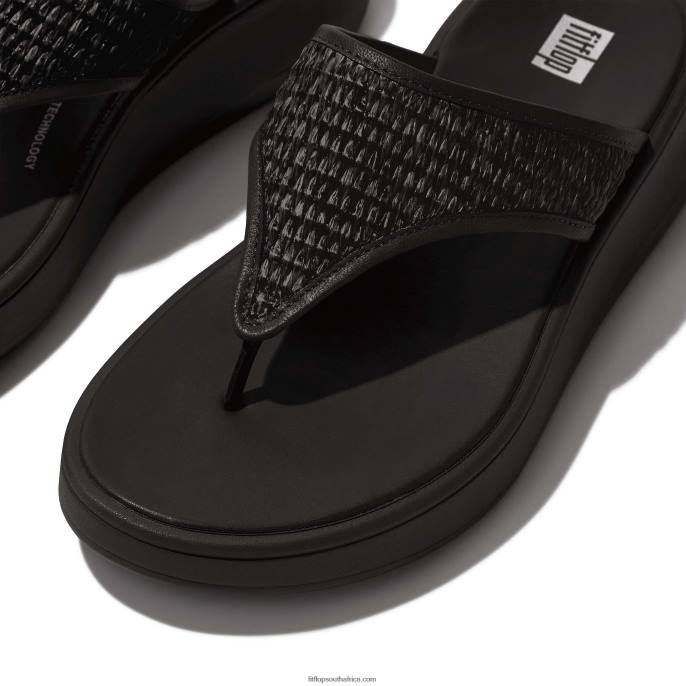 Women F-MODE Woven Flatform Toe-Post Sandals Fitflop 882F139 All Black
