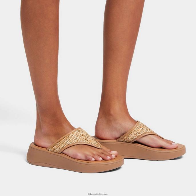 Women F-MODE Woven Flatform Toe-Post Sandals Fitflop 882F141 Latte Tan/Ivory