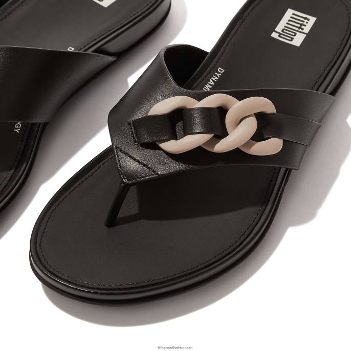 Women GRACIE Chain Leather Toe-Post Sandals Fitflop 882F133 Black