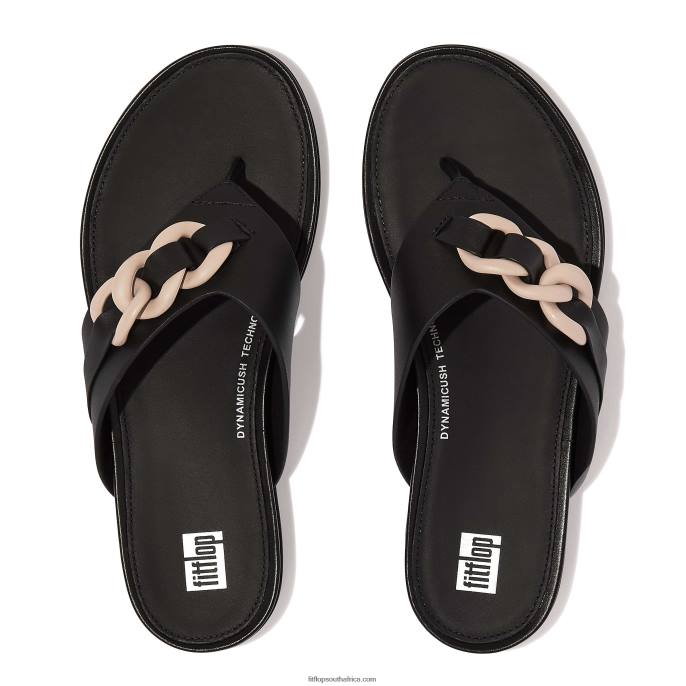 Women GRACIE Chain Leather Toe-Post Sandals Fitflop 882F133 Black