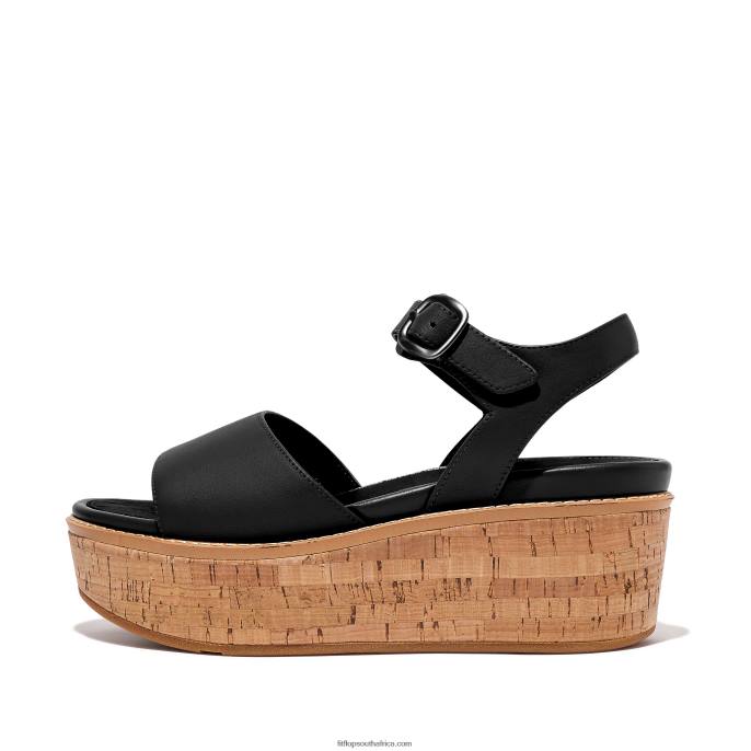 Women ELOISE Cork-Wrap Leather Wedge Sandals Fitflop 882F64 Black