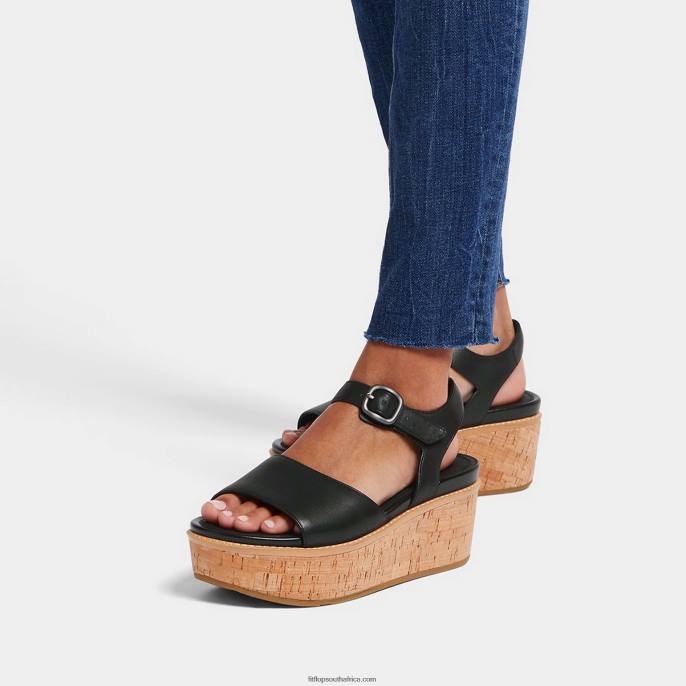 Women ELOISE Cork-Wrap Leather Wedge Sandals Fitflop 882F64 Black
