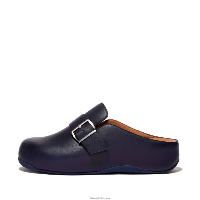 Women SHUV Buckle-Strap Leather Clogs Fitflop 882F334 Midnight Navy