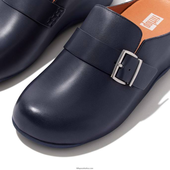 Women SHUV Buckle-Strap Leather Clogs Fitflop 882F334 Midnight Navy