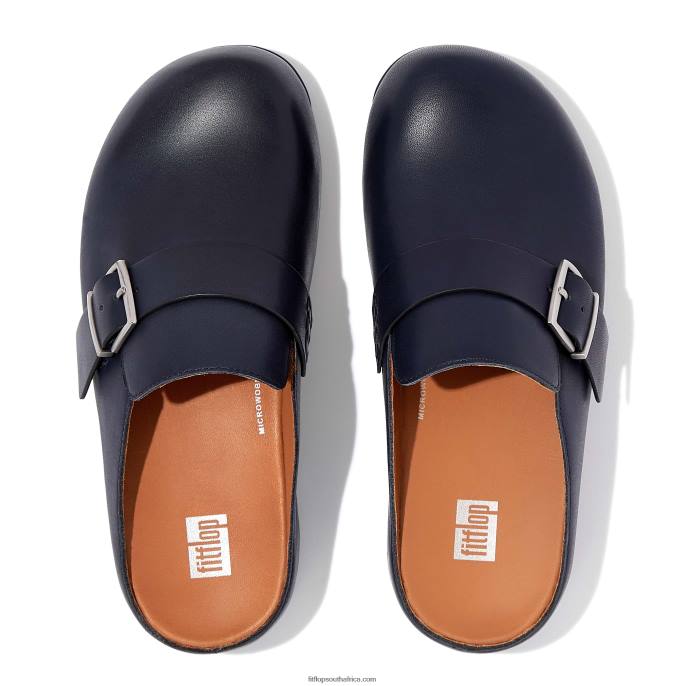 Women SHUV Buckle-Strap Leather Clogs Fitflop 882F334 Midnight Navy