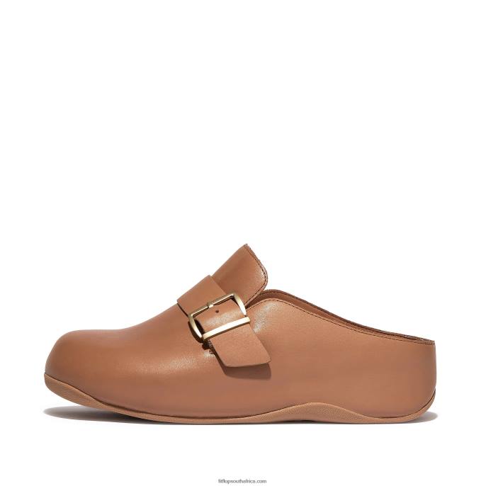 Women SHUV Buckle-Strap Leather Clogs Fitflop 882F335 Latte Tan