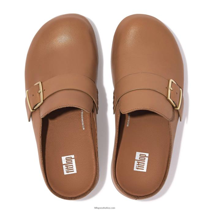 Women SHUV Buckle-Strap Leather Clogs Fitflop 882F335 Latte Tan