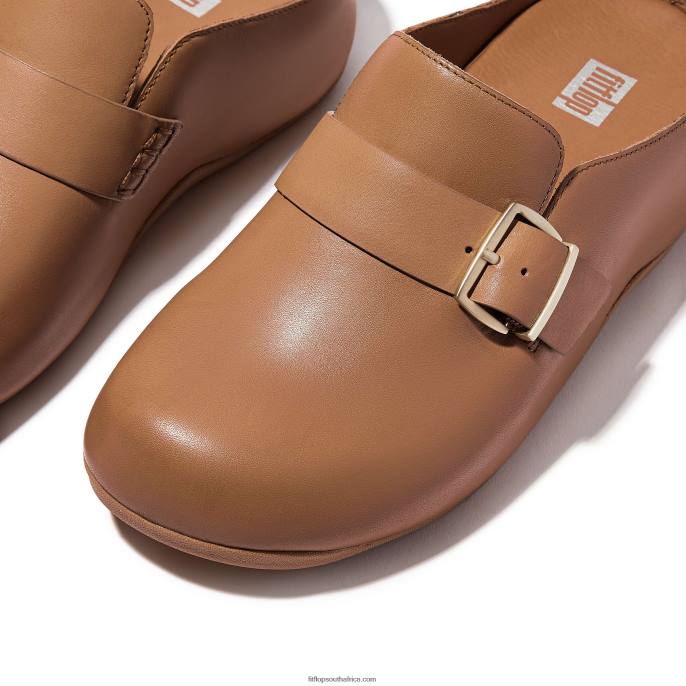 Women SHUV Buckle-Strap Leather Clogs Fitflop 882F335 Latte Tan