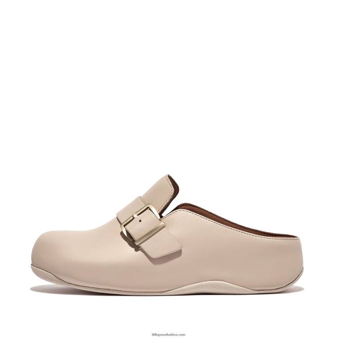 Women SHUV Buckle-Strap Leather Clogs Fitflop 882F336 Stone Beige
