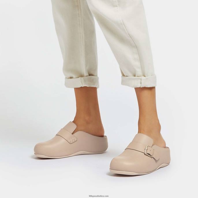 Women SHUV Buckle-Strap Leather Clogs Fitflop 882F336 Stone Beige