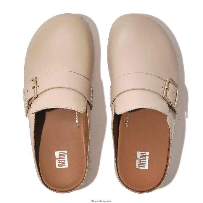 Women SHUV Buckle-Strap Leather Clogs Fitflop 882F336 Stone Beige