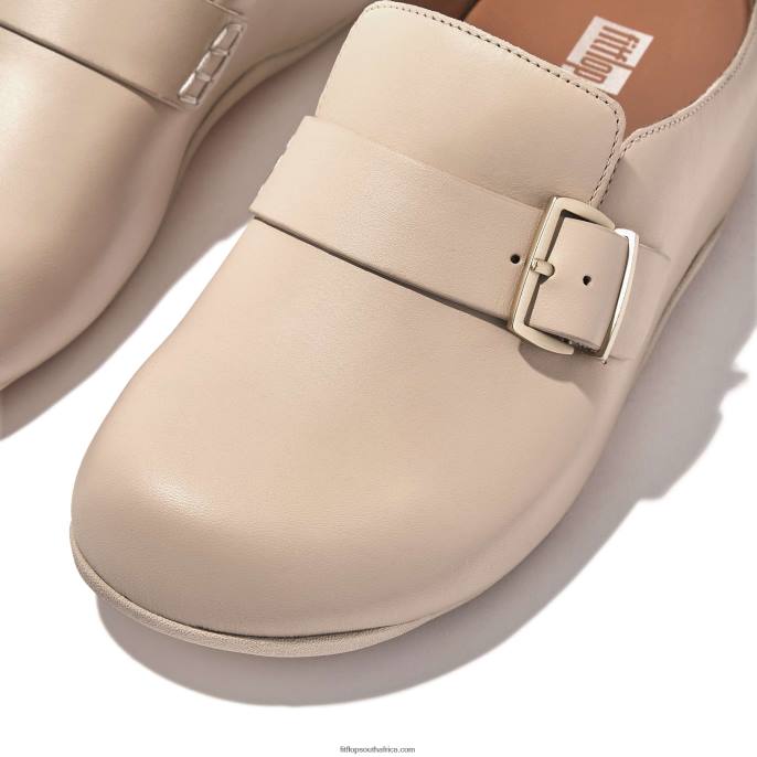 Women SHUV Buckle-Strap Leather Clogs Fitflop 882F336 Stone Beige