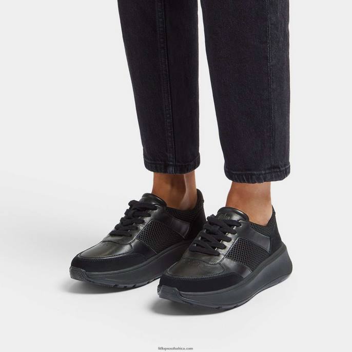 Women F-MODE Leather/Mesh Flatform Trainers Fitflop 882F219 All Black