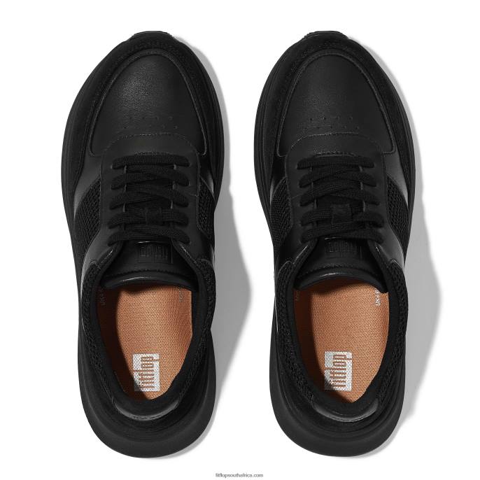 Women F-MODE Leather/Mesh Flatform Trainers Fitflop 882F219 All Black