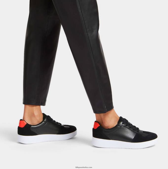 Women RALLY Leather/Felt Panel Trainers Fitflop 882F233 Black/Orange