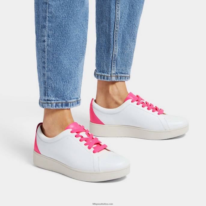 Women RALLY Neon-Pop Leather Trainers Fitflop 882F228 White/Pop Pink