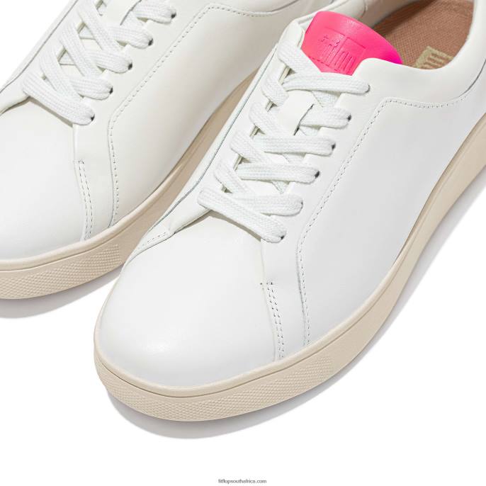 Women RALLY Neon-Pop Leather Trainers Fitflop 882F228 White/Pop Pink