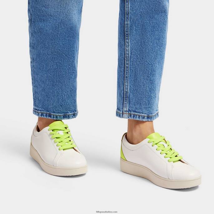 Women RALLY Neon-Pop Leather Trainers Fitflop 882F230 White/Yellow